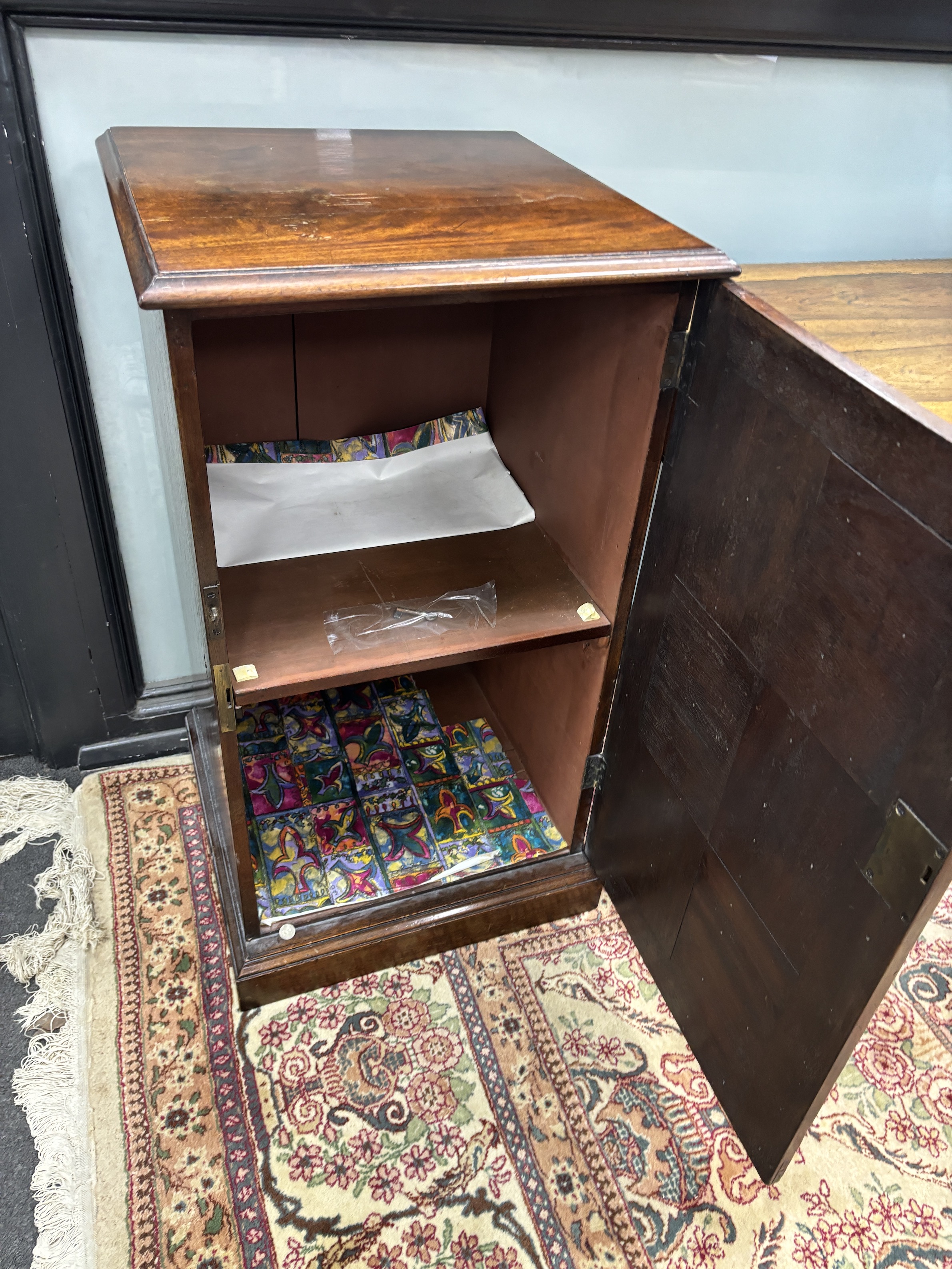 A pair of George III and later mahogany square bedside cupboards, width 46cm, height 85cm